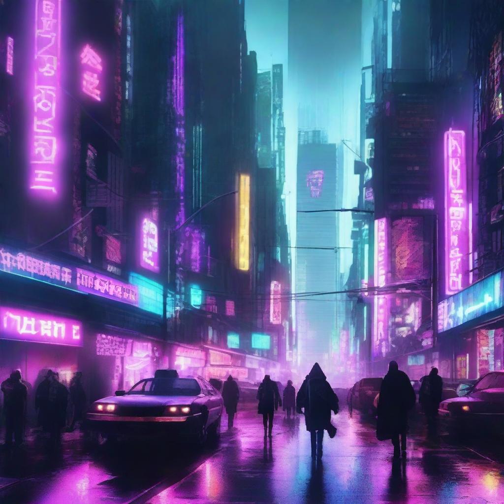 A cyberpunk dystopian world with neon lights, futuristic skyscrapers, and dark alleyways