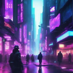 A cyberpunk dystopian world with neon lights, futuristic skyscrapers, and dark alleyways