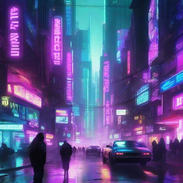 A cyberpunk dystopian world with neon lights, futuristic skyscrapers, and dark alleyways