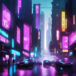 A cyberpunk dystopian world with neon lights, futuristic skyscrapers, and dark alleyways