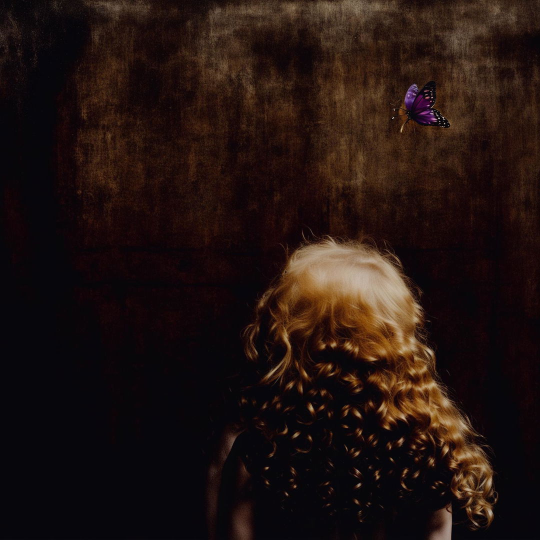 An abstract and surreal image with a grainy, rustic brown and dark steel background, featuring a child girl with hidden face and golden curly hair, and a tiny purple butterfly flying in the background