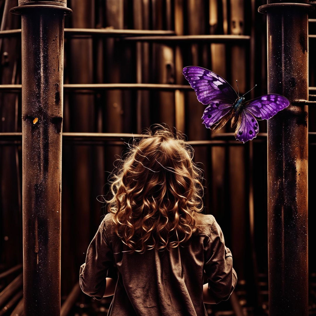 An abstract and surreal image with a grainy, rustic brown background featuring dark steel pipes, a child girl with golden curly hair seen from the back, and a tiny purple butterfly flying in the background