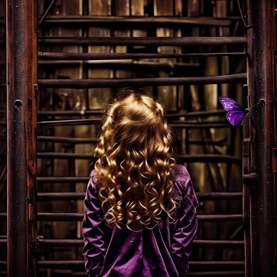 An abstract and surreal image with a grainy, rustic brown background featuring dark steel pipes, a child girl with golden curly hair seen from the back, and a tiny purple butterfly flying in the background