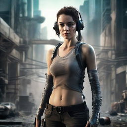 Create an image of Lily, a former tech company engineer, in a post-apocalyptic world