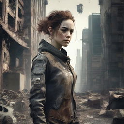 Create an image of Lily, a former tech company engineer, in a post-apocalyptic world