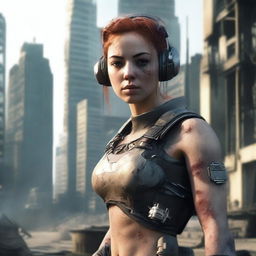 Create an image of Lily, a former tech company engineer, in a post-apocalyptic world