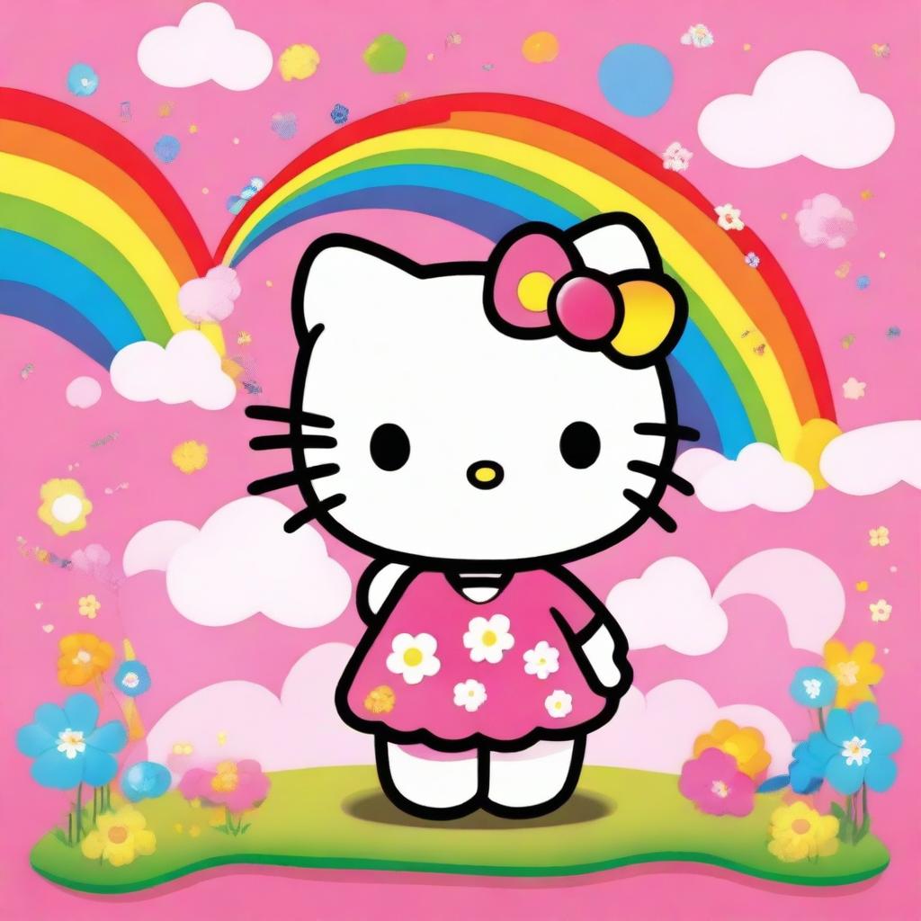 A cute and friendly Hello Kitty character, standing in a colorful and cheerful background with flowers and rainbows