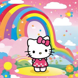 A cute and friendly Hello Kitty character, standing in a colorful and cheerful background with flowers and rainbows