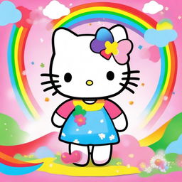 A cute and friendly Hello Kitty character, standing in a colorful and cheerful background with flowers and rainbows