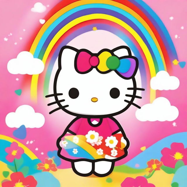 A cute and friendly Hello Kitty character, standing in a colorful and cheerful background with flowers and rainbows