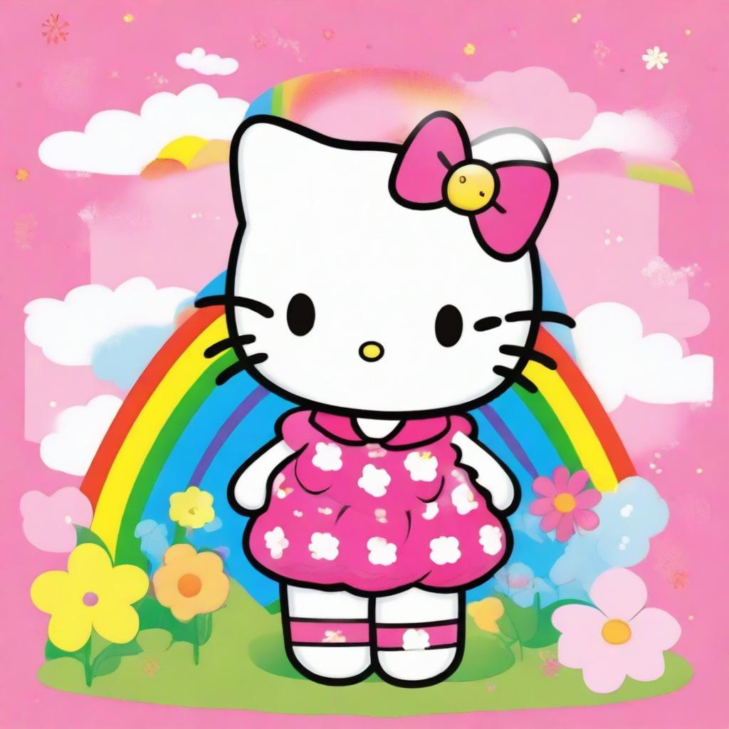 A charming and adorable Hello Kitty character, standing in a vibrant and joyful background with flowers and rainbows