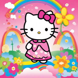 A charming and adorable Hello Kitty character, standing in a vibrant and joyful background with flowers and rainbows