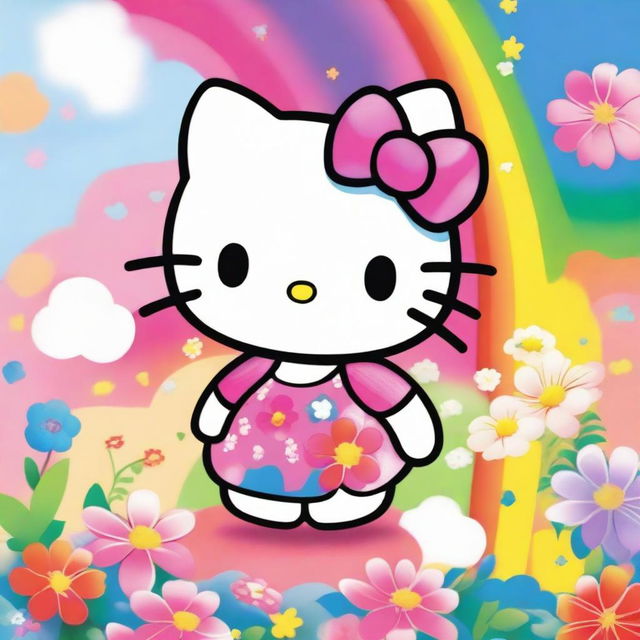 A charming and adorable Hello Kitty character, standing in a vibrant and joyful background with flowers and rainbows