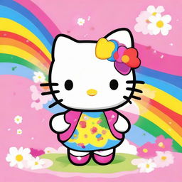 A charming and adorable Hello Kitty character, standing in a vibrant and joyful background with flowers and rainbows