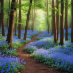 A picturesque scene in a dense forest where a trail of sparkling blue flowers leads deeper into the woods