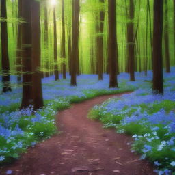 A picturesque scene in a dense forest where a trail of sparkling blue flowers leads deeper into the woods