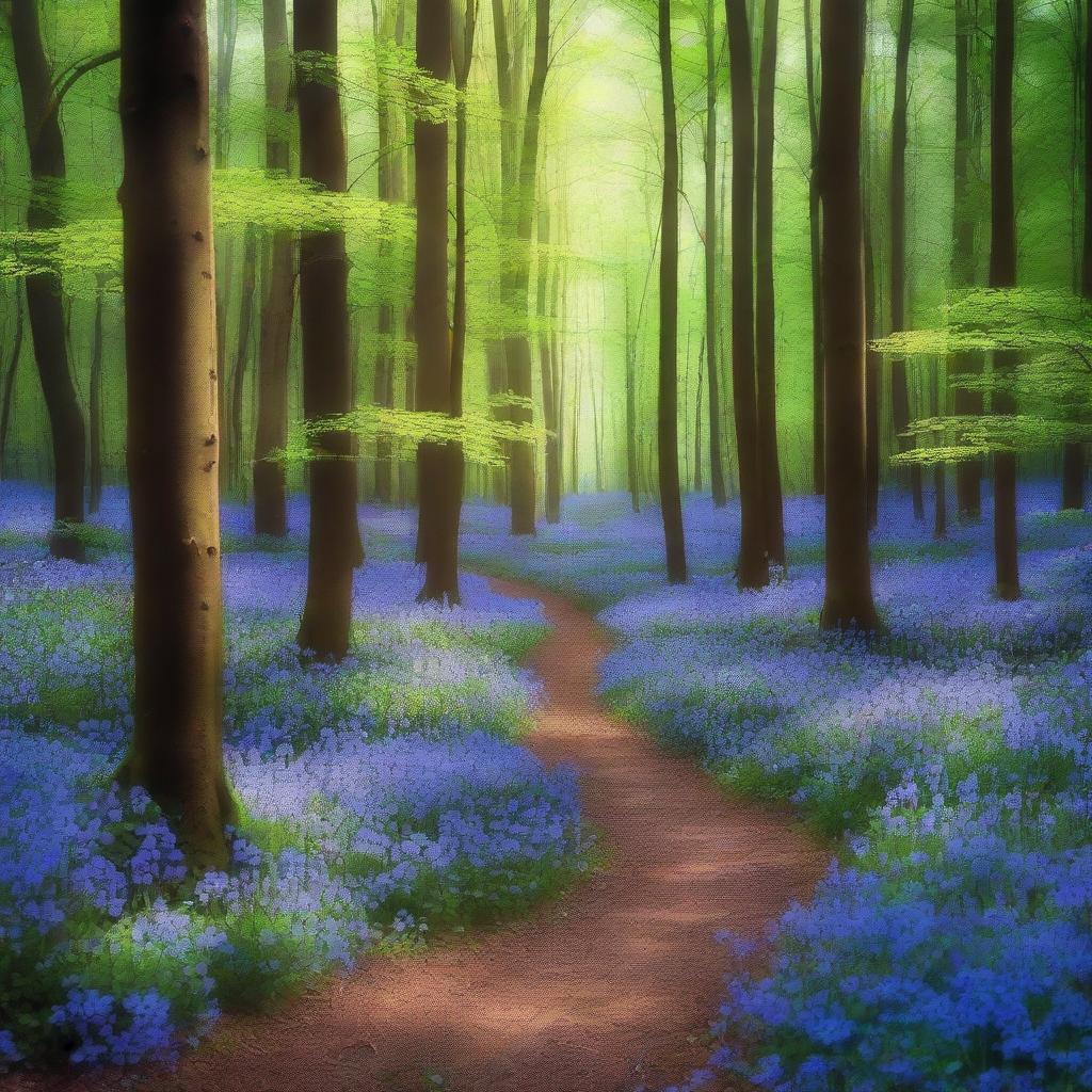 A picturesque scene in a dense forest where a trail of sparkling blue flowers leads deeper into the woods