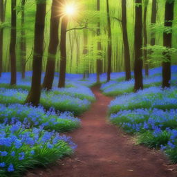 A picturesque scene in a dense forest where a trail of sparkling blue flowers leads deeper into the woods