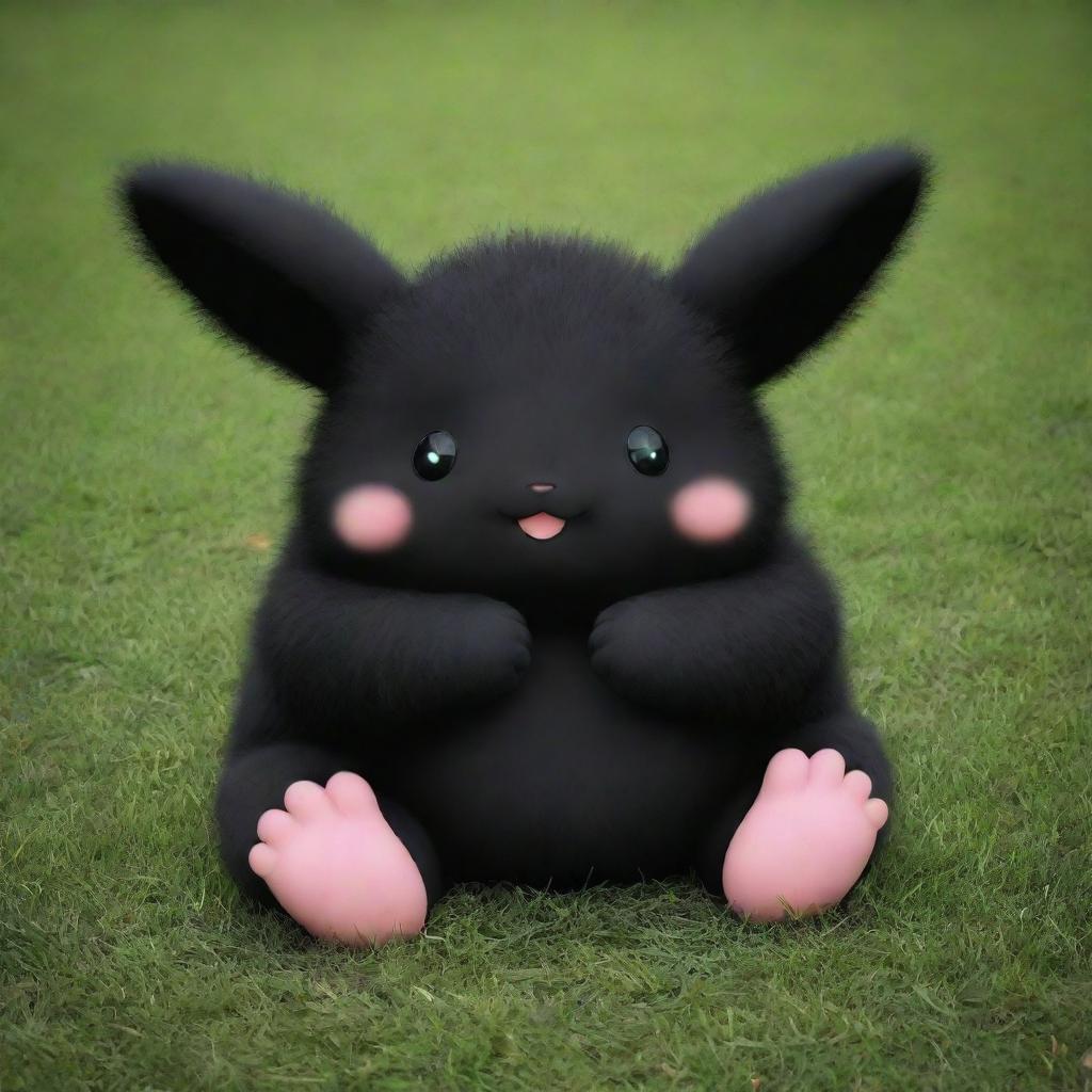 Adorable little creature with hands and feet, colored in black, plump, on a green grass, giving off a magical aura.