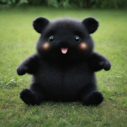 Adorable little creature with hands and feet, colored in black, plump, on a green grass, giving off a magical aura.