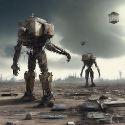 Create an image depicting the impact of technological development on the future of humanity in a post-apocalyptic world