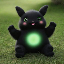 Adorable little creature with hands and feet, colored in black, plump, on a green grass, giving off a magical aura.