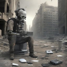 Create an image depicting the impact of technological development on the future of humanity in a post-apocalyptic world