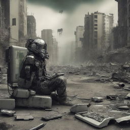 Create an image depicting the impact of technological development on the future of humanity in a post-apocalyptic world