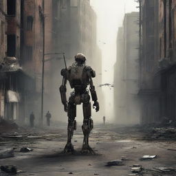 Create an image depicting a standoff between technology and humanity in a post-apocalyptic world