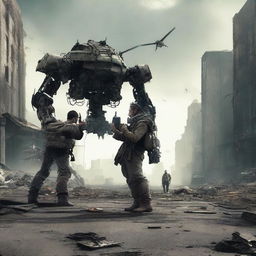 Create an image depicting a standoff between technology and humanity in a post-apocalyptic world