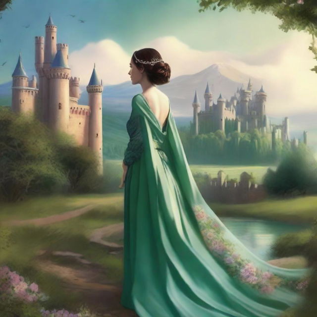 A picturesque book cover featuring a majestic kingdom in the background, with towering castles and lush landscapes