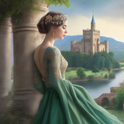 A picturesque book cover featuring a majestic kingdom in the background, with towering castles and lush landscapes