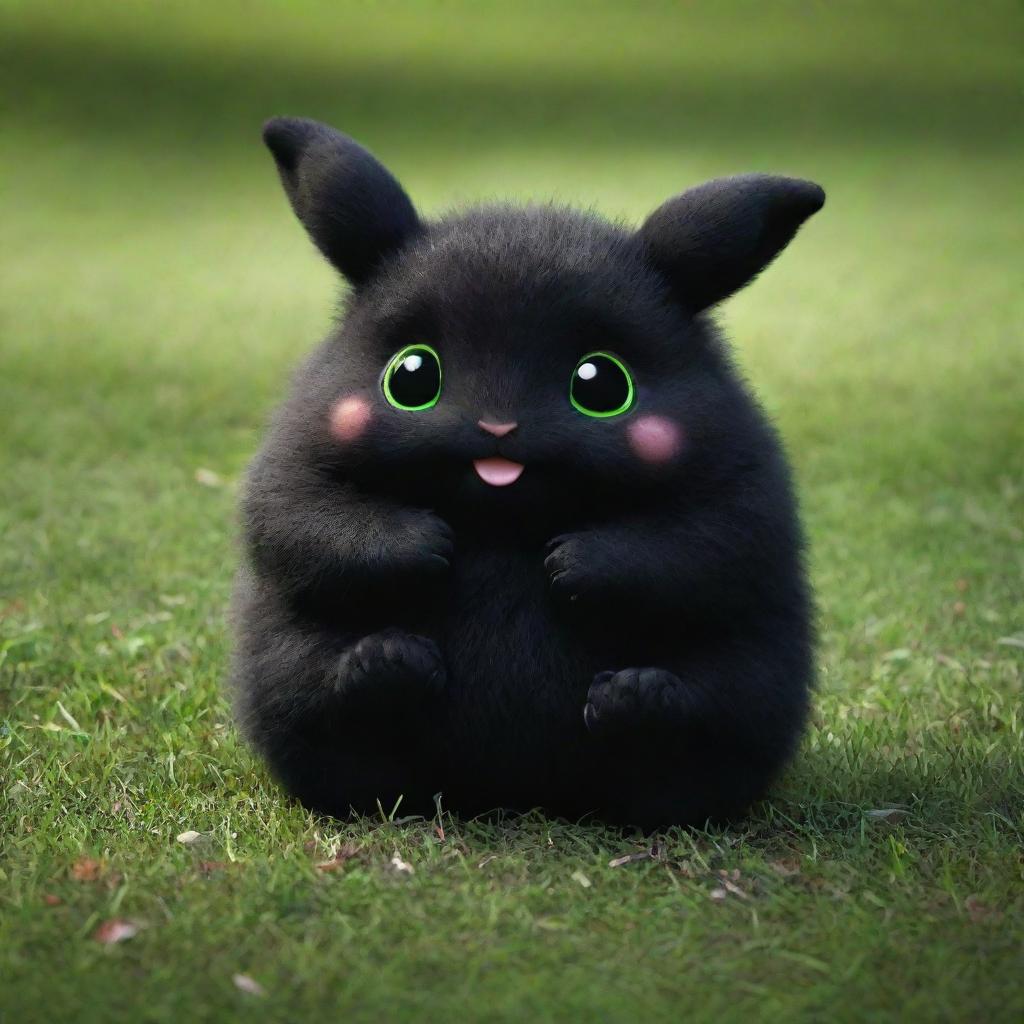 Adorable little creature with hands and feet, colored in black, plump, on a green grass, giving off a magical aura.