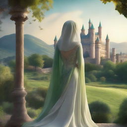 A picturesque book cover featuring a majestic kingdom in the background, with towering castles and lush landscapes