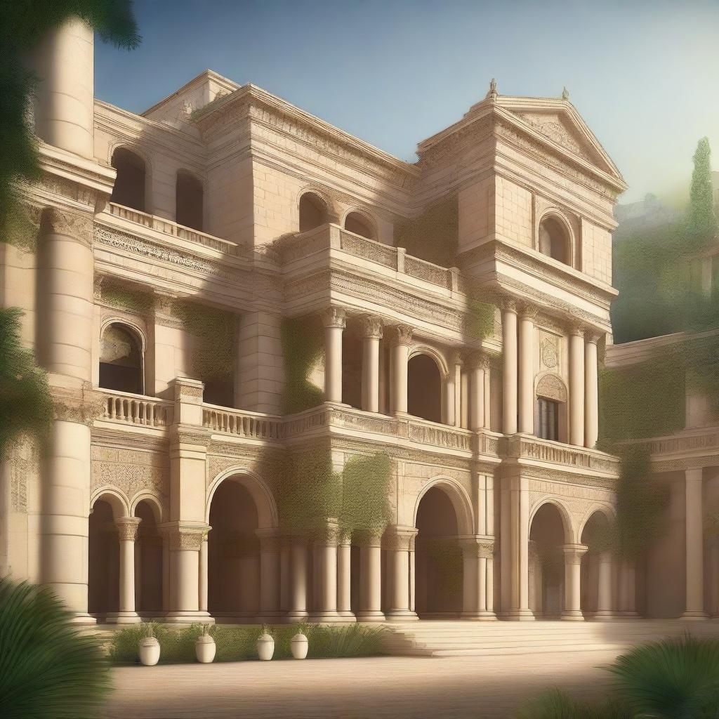 An artistic depiction of Ancient King David's palace, showcasing grand architecture with intricate details