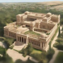 An artistic depiction of Ancient King David's palace, showcasing grand architecture with intricate details