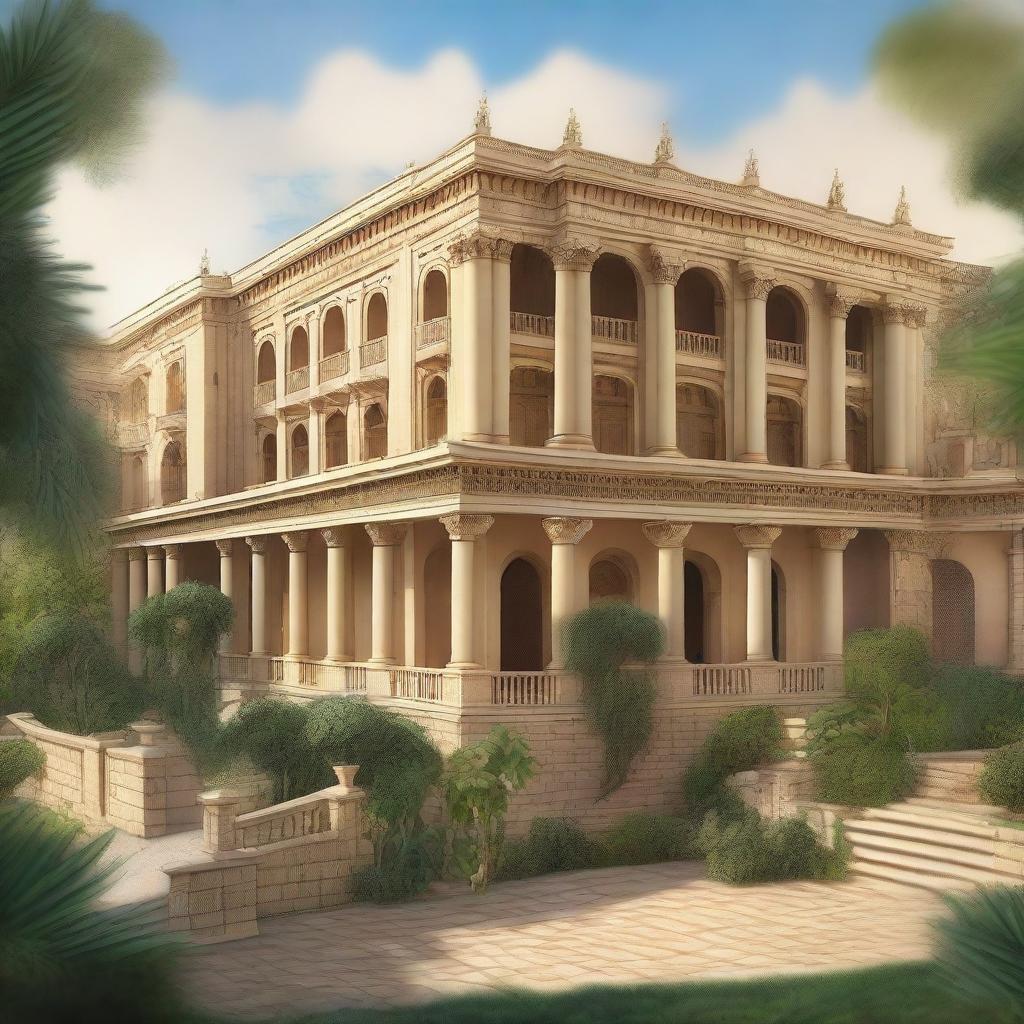 An artistic depiction of Ancient King David's palace, showcasing grand architecture with intricate details