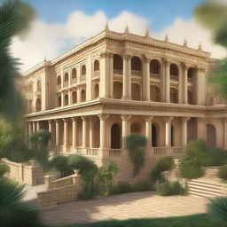 An artistic depiction of Ancient King David's palace, showcasing grand architecture with intricate details