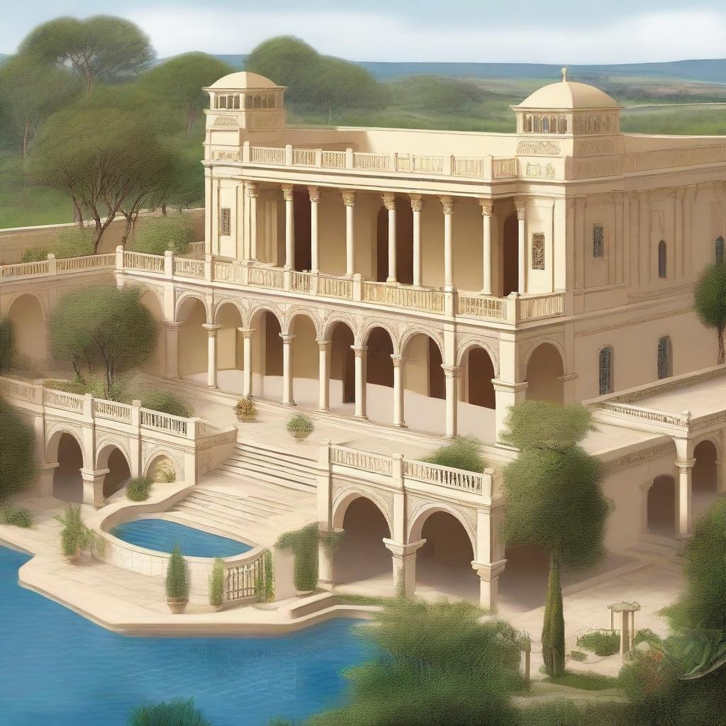 A detailed illustration of Ancient King David's palace, with its grand architecture and intricate details