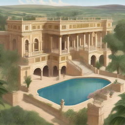 A detailed illustration of Ancient King David's palace, with its grand architecture and intricate details