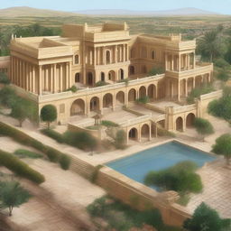 A detailed illustration of Ancient King David's palace, with its grand architecture and intricate details