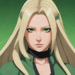 A detailed and vibrant illustration of Tsunade Senju, a character from the popular anime Naruto. She should be portrayed as powerful and charismatic, with her characteristic blonde hair and large green eyes.