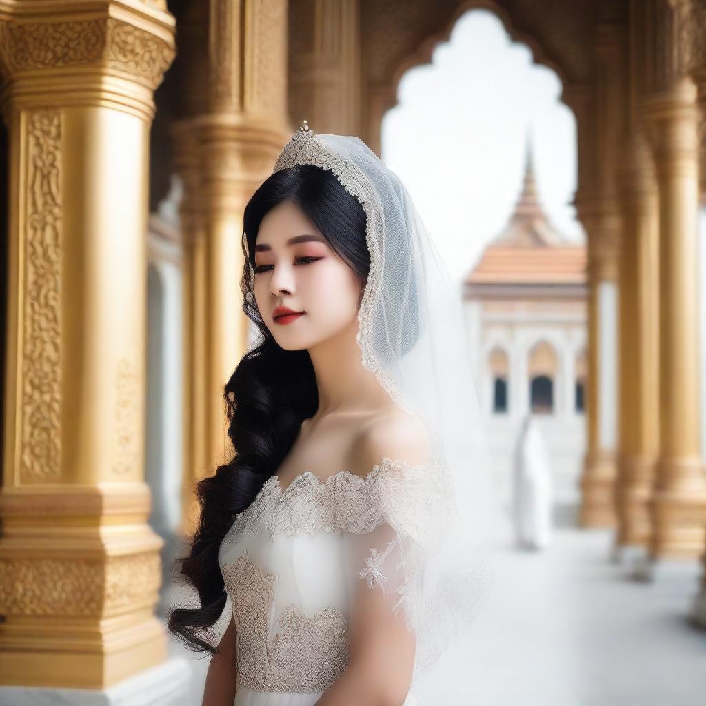 A lady with dark long hair, wearing a wedding veil that covers her face, is looking into the distance at a grand palace