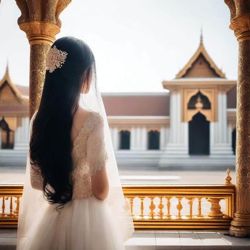 A lady with dark long hair, wearing a wedding veil that covers her face, is looking into the distance at a grand palace