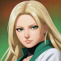 A detailed and vibrant illustration of Tsunade Senju, a character from the popular anime Naruto. She should be portrayed as powerful and charismatic, with her characteristic blonde hair and large green eyes.