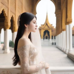 A lady with dark long hair, wearing a wedding veil that covers her face, is looking into the distance at a grand palace