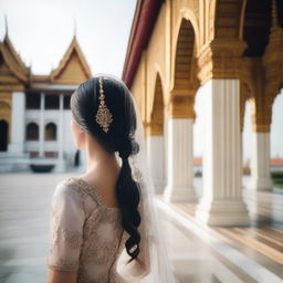 A lady with dark long hair, wearing a wedding veil that covers her face, is looking into the distance at a grand palace