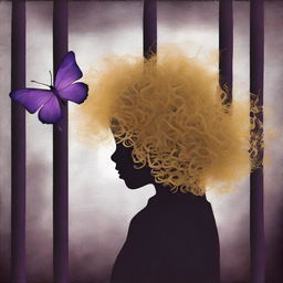 An abstract image with a rustic dark steel pipes background, featuring a child girl with golden curly hair seen from the back and a tiny purple butterfly in the background