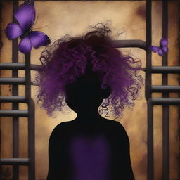 An abstract image with a rustic dark steel pipes background, featuring a child girl with golden curly hair seen from the back and a tiny purple butterfly in the background