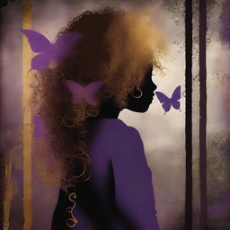 An abstract image with a rustic dark steel pipes background, featuring a child girl with golden curly hair seen from the back and a tiny purple butterfly in the background